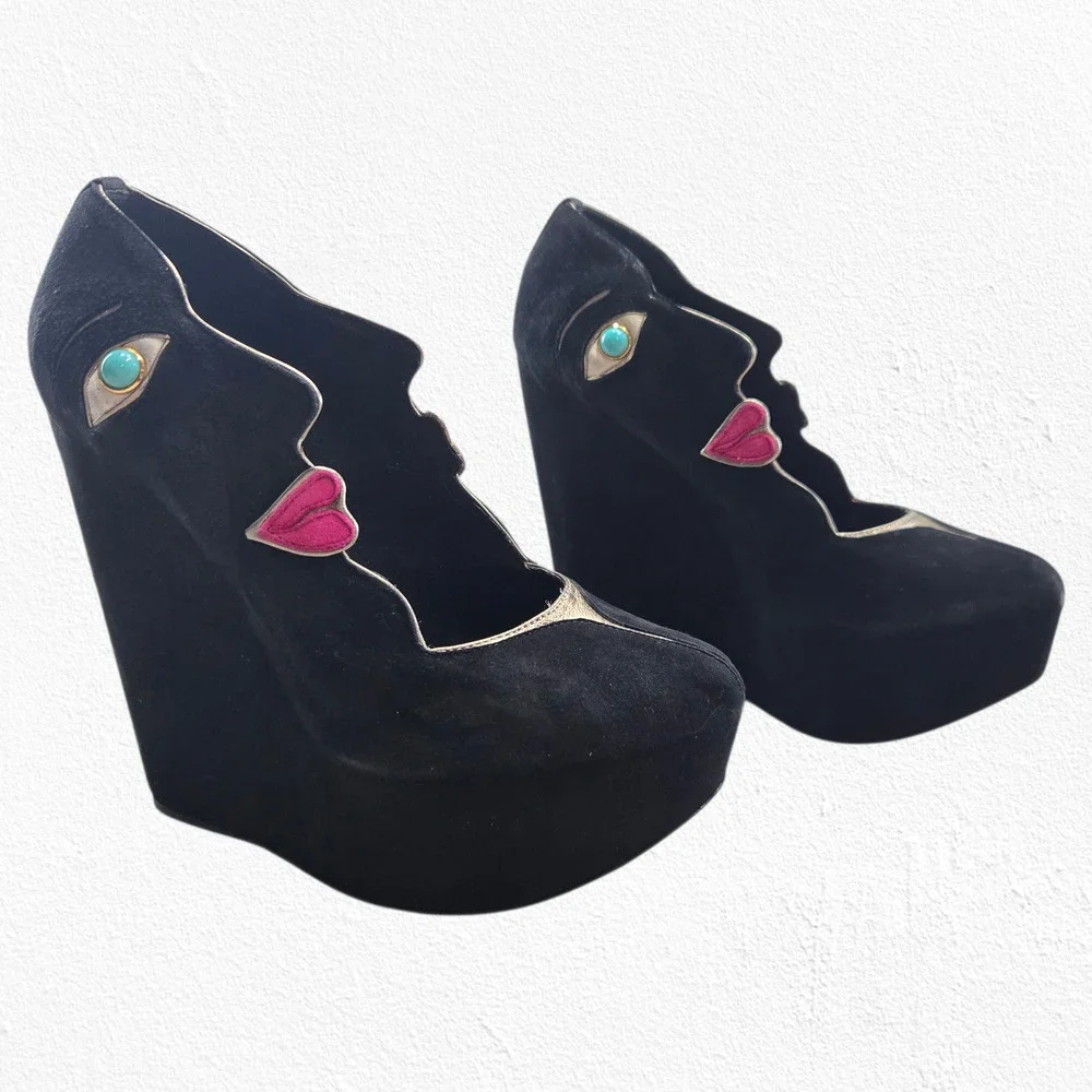 Dolce & Gabbana Face Wedge Platform Black Suede Platino Statement Heels EU 36.5 - Picture 2 of 16